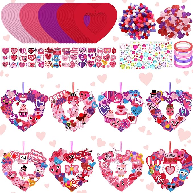 Hollowfly 48-Set Valentine's Day Wreath Craft Kit, 8 Paper Designs | Heart, Bird and Envelope Stickers, 5.91 in Make-and-Hang Wreaths, DIY Crafts for Home and Valentine Party Activities
