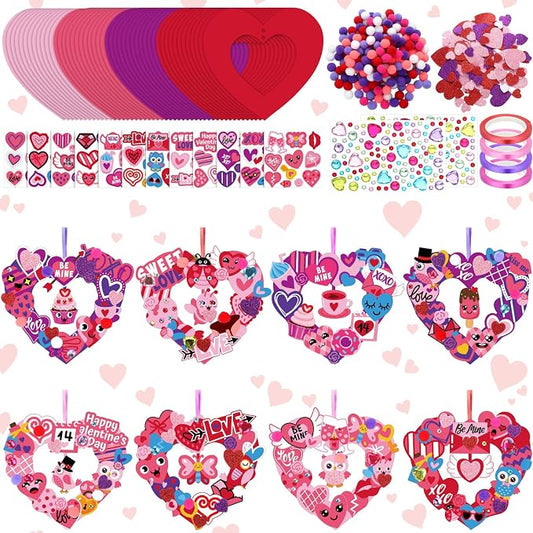 Hollowfly 48-Set Valentine's Day Wreath Craft Kit, 8 Paper Designs | Heart, Bird and Envelope Stickers, 5.91 in Make-and-Hang Wreaths, DIY Crafts for Home and Valentine Party Activities