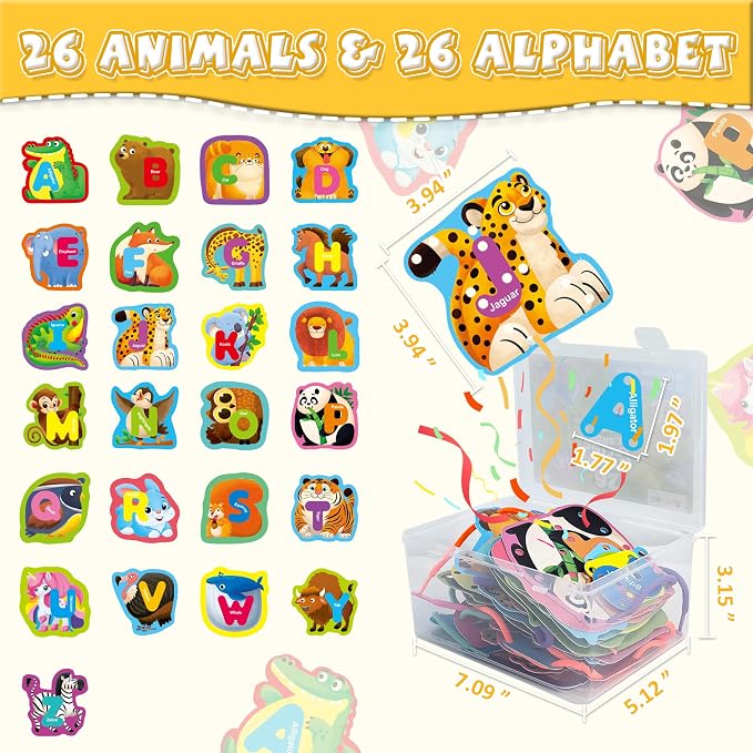26 Pairs Animals Lacing Cards| Alphabet Sewing Cards Kits for Toddlers | Preschool Learning, Developing Fine Motor Skills, Classroom Supplies