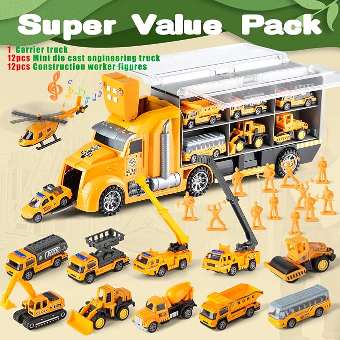 25 in 1 Die-cast Pull Back Construction Truck Vehicle Toys for 3-7Year Old Boy, Sounds and Lights in Large Carrier Truck, Age3+ Kids Child Boy Toy Cars Birthday Gifts