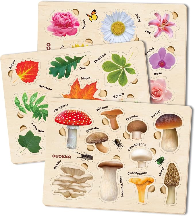 Wooden Puzzles for Toddlers 2-4 - 3 Montessori Kids Puzzles Ages 3-5 | Realistic Wood Educational Baby Puzzles 12-18 Months – Learning Toddlers Puzzles with Mushrooms Flowers Leaves