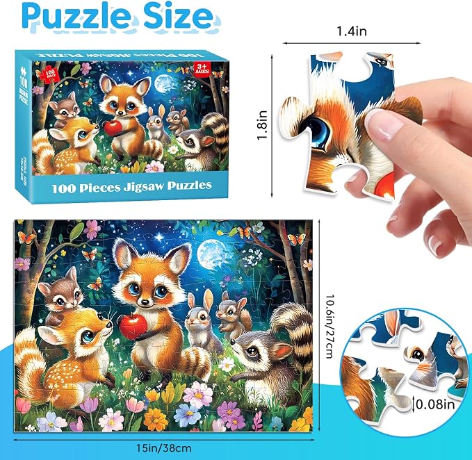 4 Packs 100 Piece Puzzles for Adults - Forest Animals, Flower Shop, Succulents, Hamburgers Large Piece Puzzles for Seniors Adults Jigsaw Puzzle for Kids Ages 6-8 8-10 Learning Educational Puzzles Gift
