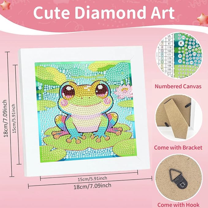 Gemozaic Frog Diamond Art Kits for Kids Ages 6-8-12 with Frame, 7 x 7 in | Animal Diamond Art Painting, Big Gem Arts and Crafts for Kids Ages 6-8-12, Amphibians Gems Painting for Gift, Home Wall Decor