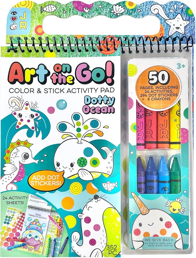 Bright Stripes Art on the Go Going Dotty Ocean Theme Travel Kit, Ages 3+ | Compact coloring set with dot stickers, crayons and an activity book, mess-free craft fun suited to toddlers, preschoolers