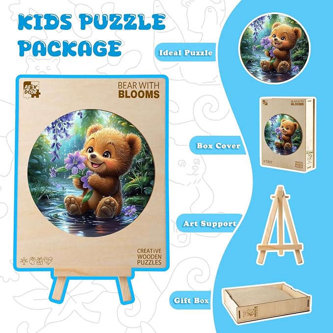 Animal Wooden Puzzles for Kids - Bear with Blooms | 50 Piece Puzzles for Kids Ages 6-8, Kids Puzzles with Unique Animal Shapes, Round Gift for Girls and Boys (11.4 * 11.4 in)