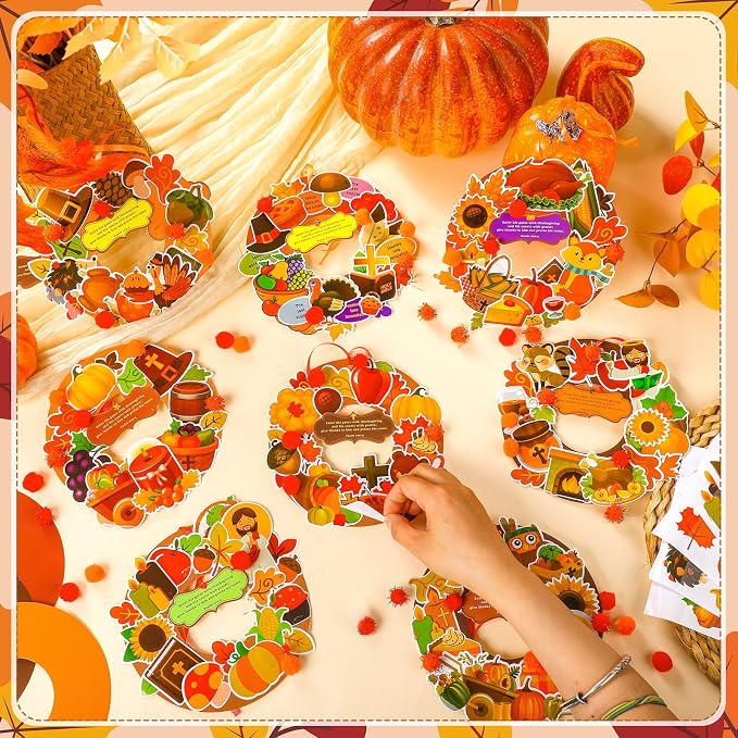 Hollowfly 48 Set Thanksgiving Wreath Craft Kits DIY Christian Ornament | Christian Thankful Fall Designs, Hanging Ornaments, Ideal for Thanksgiving Decor, Sunday School Crafts & Church Party Favors