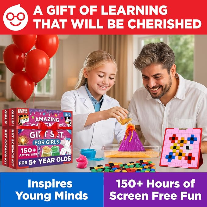 Doctor Jupiter Amazing Science Gift Set for Girls Ages 5+, Birthday Gift | Set of Girls' First Science Kit & Brain Craft Pixel Art Kit, 150+ Activities, Birthday Gift Ideas for Girls Ages 5,6,7,8