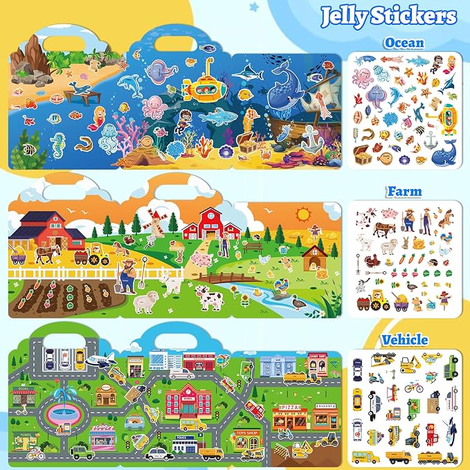6 Pack Jelly Reusable Sticker Books for Toddlers | Toddler Toys,Birthday Gifts for Boys Girls,Airplane Travel & Road Trip Essentials Kids