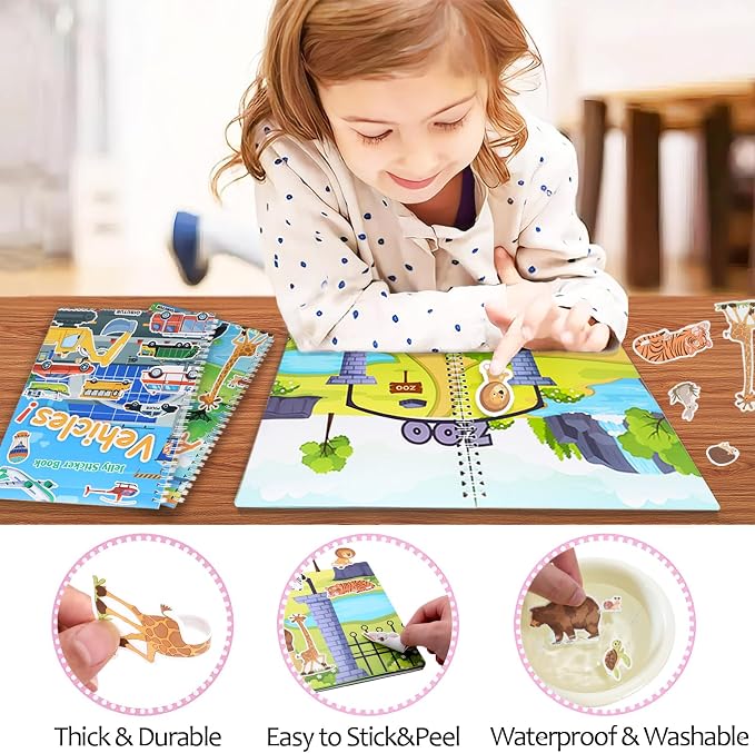 Jelly Sticker Books for Toddlers 2-4 Years, Reusable Sticker Book for Kids 1-3, Toddler Easter Basket Stuffers＆Travel Essentials Animals Stickers for Kids Toddler Plane Activities (Animals)