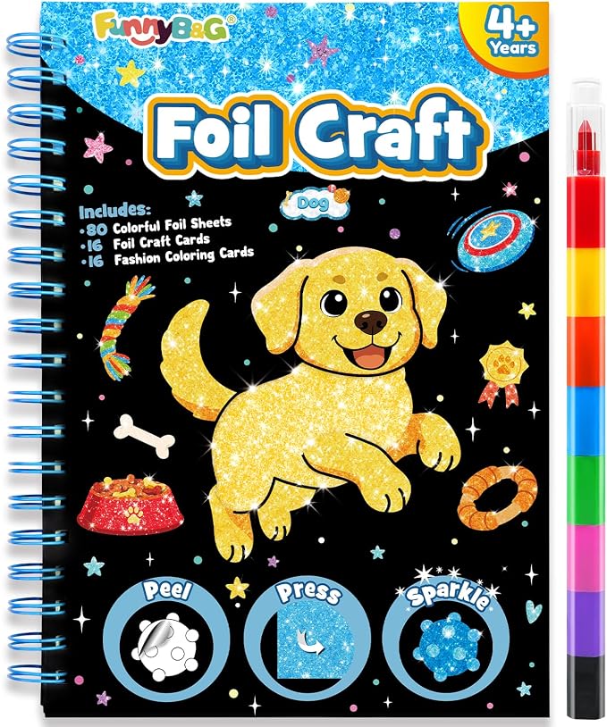 FUNNYB&G Foil Art Craft Kit for Kids, Sparkly Birthday Gift Toy for Kids | No Mess, Kids Ages 4-10 Create Sparkling Artwork, A Creative Gift for Birthdays, Holidays, Travel Activities,Screen-Free Fun