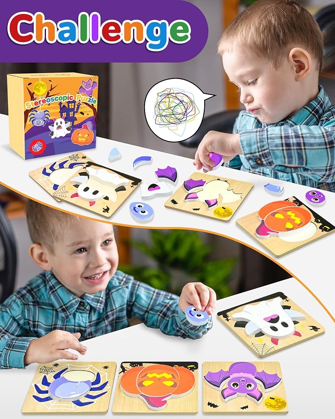 4 Pack Halloween Wooden Puzzles for Toddlers,Halloween Boo Basket Stuffers Party Favors Treats, Montessori Toys Birthday Gifts for Kids Boys Girls