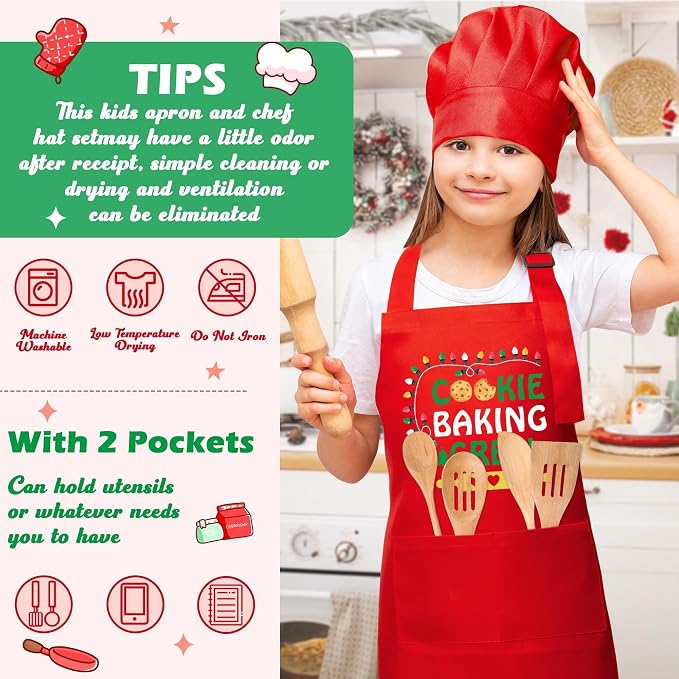 R HORSE 2 Pieces Christmas Kid Apron and Chef Hat Set, Pretend Play Toy | Xmas Red Cookie Baking Crew Adjustable Children Kitchen Apron, Ideal for Cooking, Baking, Painting, Birthday Christmas Gift