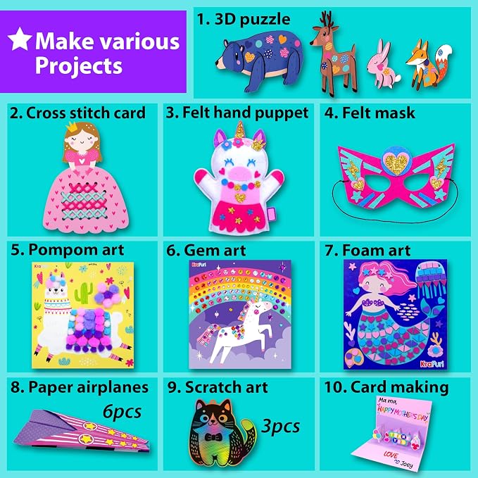 KRAFUN Craft Workshop Kit Ages 3-5 |10 Envelopes, Unicorn & Mermaid | 10 envelope projects: Unicorn, Mermaid, Princess & Llama crafts. Creative educational activities for toddler girls