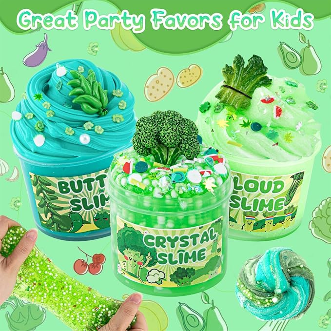 6-Pack Green Slime Kit for Kids, Cloud Butter Clear Crunchy Gift Set | Gradient green sensory slime with add-ins, party favor, goodie bag stuffer, Easter basket filler, ages 4-10