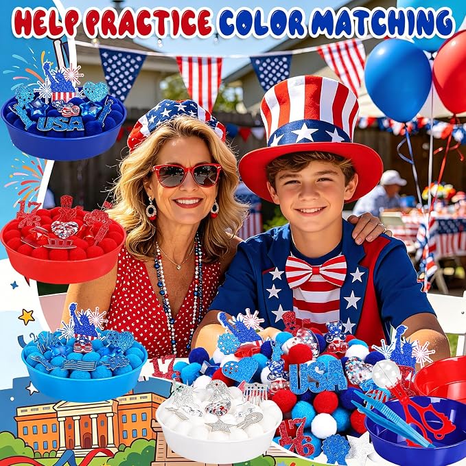 361Pcs Independence Day Sensory Bin Filler Independence Day Fine Motor Bin Item Includes Tweezers Scissor Pom Poms Stars Hearts Resin for 4th of July Counting Decor Motor Skills Development