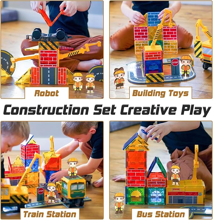 Magnetic Tiles with 2 Cranes, Magnetic Construction Toys STEM Building Toys | 2-in-1 Transportation Magnetic Building Blocks Boys Toys Gifts for Ages 3-12 STEM Learning Toy Develops Creativity