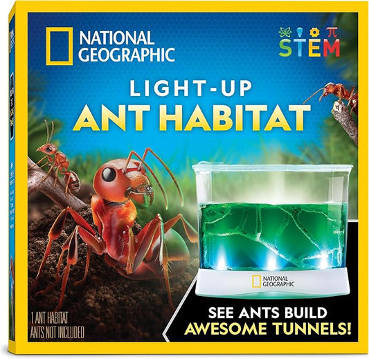 National Geographic Light-Up Ant Habitat Kit for Kids with Magnifiers | Light-Up Ant Terrarium, Built-In Magnifiers, Tunnel Starter Tool, 360-Degree Viewing, Insect Habitat, STEM Activity