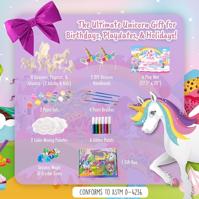 Deluxe Unicorn Painting Kit for Girls - STEM Certified Unicorn Craft for Girls Ages 4-6 & up- Paint Your Own Arts and Crafts Includes 2 DIY Headbands & 8 Kids Painting Crafts for Fun Screen-Free Play