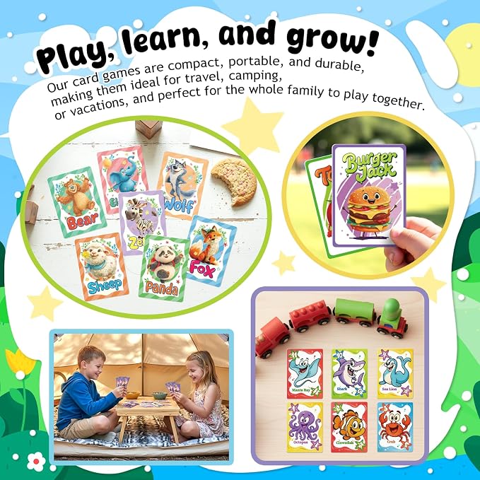 Card Games for Kids: Go Fish, Old Maid, Slap Jack, and Memory Match — 4 Decks in 1 Pack. Classic Kids Card Games for Family Game Night, Perfect for Toddlers, Kids