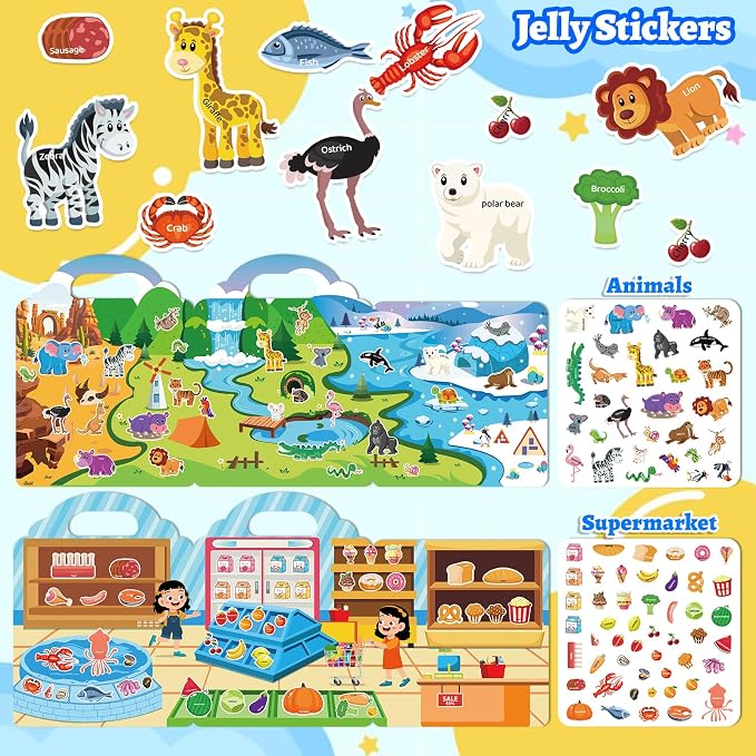 4 Pack Jelly Reusable Sticker Books for Toddlers | Toddler Toys,Birthday Gifts for Boys Girls,Airplane Travel & Road Trip Essentials Kids
