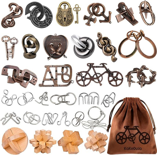 32 Pcs Brain Teaser Puzzles Set for Adults Kids – Wooden & Metal 3D IQ Game, Challenging Disentanglement Logic Puzzles, Family Party Favor Portable Travel Pouch Set