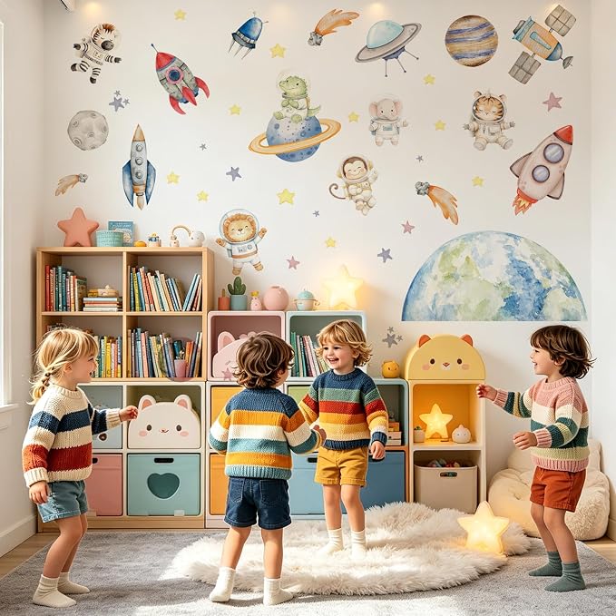 LHIUEM Space Animal Astronaut Wall Decals 39"X12" Cute Outer Space Peel and Stick Wall Stickers Planet Rocket Bulletin Board Decor Removable Self Adhesive Educational for Kids Bedroom Nursery