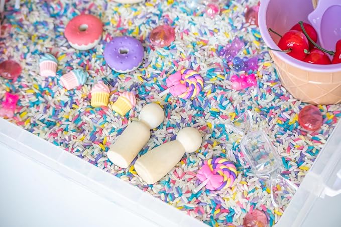 Sweets Shop Sensory Bin Kit for Kids | Bright Rainbow Rice, Candy Erasers, Donut Containers & Wooden Tools – Includes Clear Storage Bin