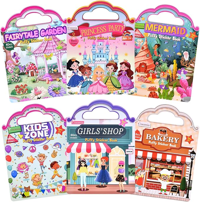 6 Set Puffy Sticker Book, Reusable Sticker Books for Toddlers | 260pcs Fairytale+Garden+Princess Party+Mermaid+Kids Zone+Girls' Shop, Travel Toys Book for Kids Ages 3+