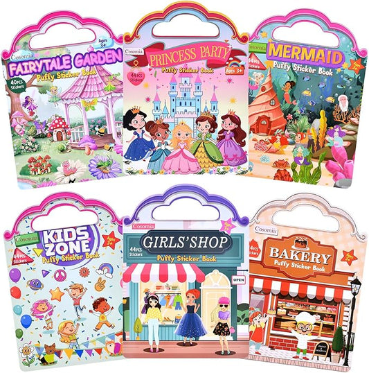 6 Set Puffy Sticker Book, Reusable Sticker Books for Toddlers | 260pcs Fairytale+Garden+Princess Party+Mermaid+Kids Zone+Girls' Shop, Travel Toys Book for Kids Ages 3+