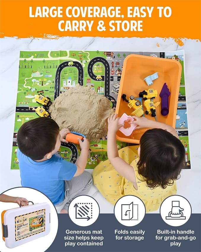 Construction Sensory Bin for Toddlers, 2-in-1 Play Mat, Ages 3+ | 2.6 lbs Moldable Magic Sand · 22-Piece Kit · Snap-lid Bin w/ Handle · Sensory Kit · Learning Activity · Ages 3-7