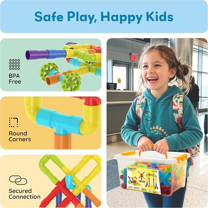 PicassoTiles 100PCS STEM Pipe Building Playset Interlocking Tube Construction Toy with Wheels and Clear Storage Box Educational Learning Toys for Preschool Montessori Kids Age 3+ Boys and Girls PTT139