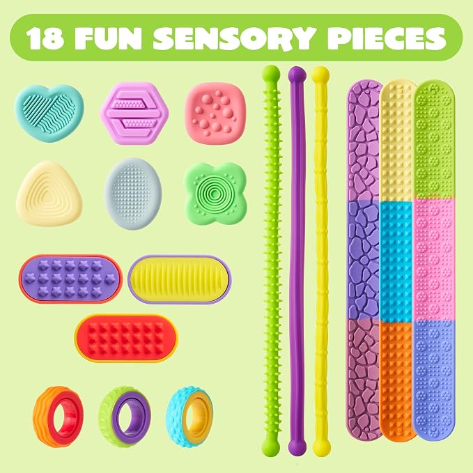 JOYIN 18 PCS Silicone Fidget Toys Set, Quiet Silicone Sensory Toys for Kids & Adults, Stress Relief Pack with Sensory Stones, Fidget Rings, Push Boards, Stretchy Strings & Textured Wristbands