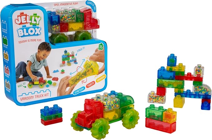 Jelly Blox Vrroom! Truck Kit Includes 35 Blocks, Toddler & Preschool | Building Blocks Kids Can Squeeze, Stretch, Squish | MESH ACCREDITED | Safety Tested Ouch-Free | Sensory Play Toy Ages 2+