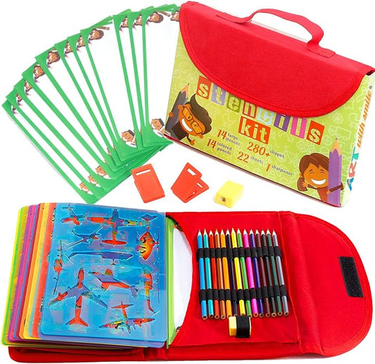 Drawing Stencils for Kids Kit & Carry Case – – Child-Safe, Non-Toxic Stencil Set with 300 Shapes, Colored Pencils, Paper, Etc. – Birthday Gifts & Travel Art Supplies for Creativity, Learning and Fun