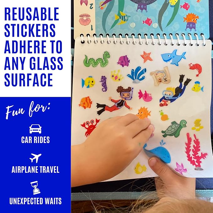 Totebook Dry Erase Activity Book for Kids - 18 Erasable Learning Games with Markers & Reusable Stickers, Travel Activities for Ages 4-6, Fits Case (Ocean Theme)