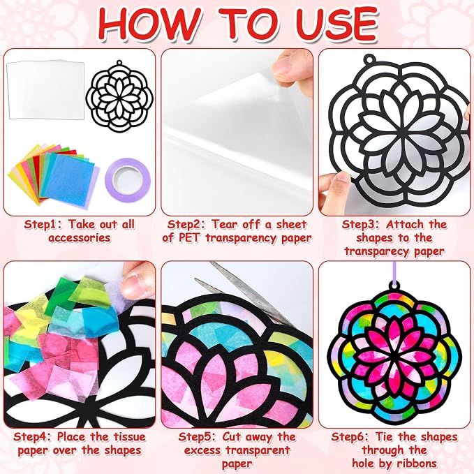 Qyeahkj 36 Set Mandala Suncatchers Crafts for Kids DIY Mandala Window Tissue Paper Craft Kit Art Flower Hanging Decor for Summer Home Activity Art Project Birthday Party Favor Gift