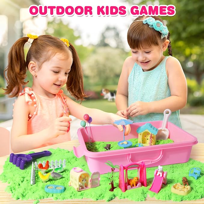 Billeeit. Pet Sensory Bin Sand Toy w/2.2lbs Green Moldable Sand | Dog ＆ Cat Play Sand Kit, Including 28pcs Accessories Total, Sand Box Toys Gift for Kids 3+ Boys and Girls Indoor Creativity