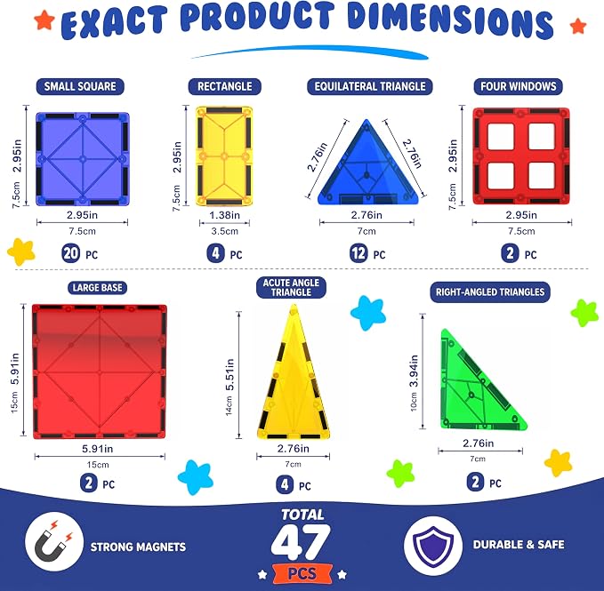 Magnetic Tiles Building Blocks Toy - STEM Educational Magnetic Blocks for Kids, Creativity Preschool Learning Sensory Montessori Toddler Magnetic Toys for Boys & Girls 3+ Years Old - 47PC