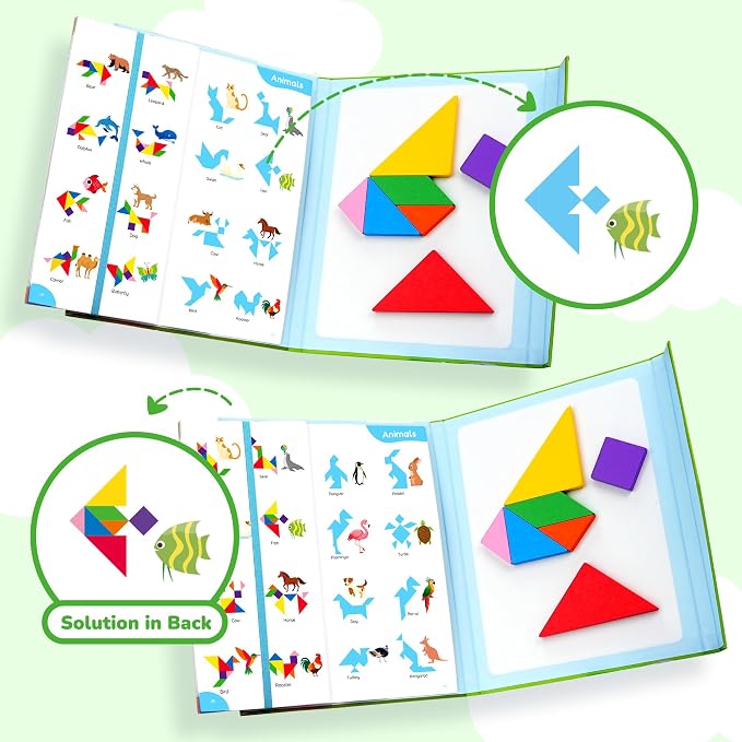 BenBen Travel Tangram Puzzle with 2 Sets Magnetic Wooden Shapes for Kids | Extra Large Dual-Sided Magnet Surface, Color Pattern IQ Book, Road Trip Car Plane Game, Educational STEM Toys for Kids Adults