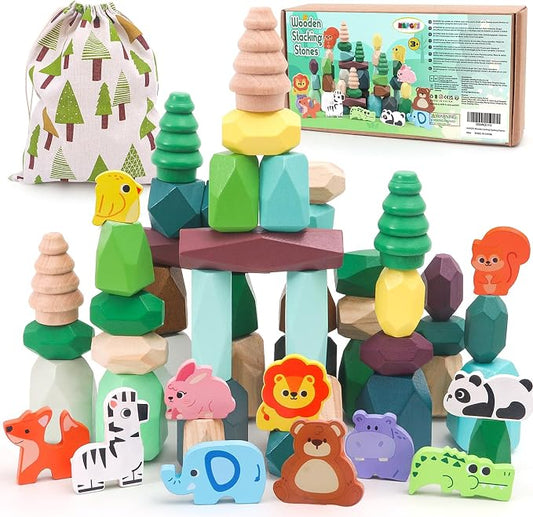 HAPGFS 51 PCS Wooden Stacking Rocks Toys Set for Kids Educational Stacking Blocks Building Blocks for Toddlers 1-3 Forest Theme Montessori Toys Creative Stacking Game for Children