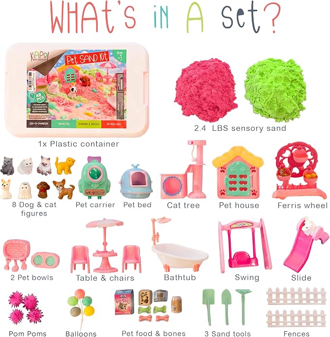 Pet Sensory Bin, 79 Pcs Cat and Dog Sandbox with Lid, 2.4LB Sensory Sand Indoor Outdoor Play Sand Kit, Cat Toys for Kids Ages 3 4 5 6 7, Christmas Birthday Gift for Girls and Boys