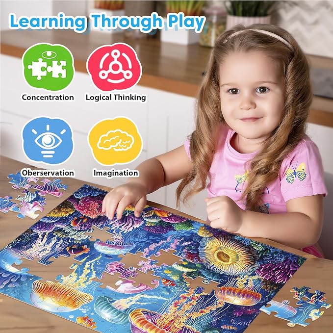 4 Pack 100 Piece Puzzles for Kids Ages 4-8 | Large Piece Kids Puzzles Ages 4-10, Ocean Theme Jigsaw Puzzle Toy, Educational Family Learning Gift for Boys Girls