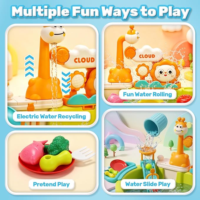 CUTE STONE Play Sink with Running Water, Kitchen Sink Toy with Upgraded Electric Pump, Play Food & Tableware Accessories, Summer Outdoor Sensory Water Table Toy for Toddlers & Kids