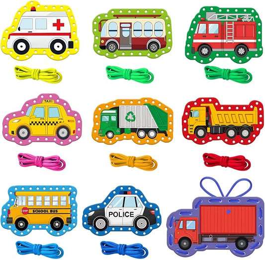 Vehicle Lacing Cards, Sewing Kit for Kids,Fine Motor Skills Toys | 9PCS Double Side Toddler Crafts for Shoe Tying Practice,Manipulatives for Preschool Learning Activity,Classroom Must Haves