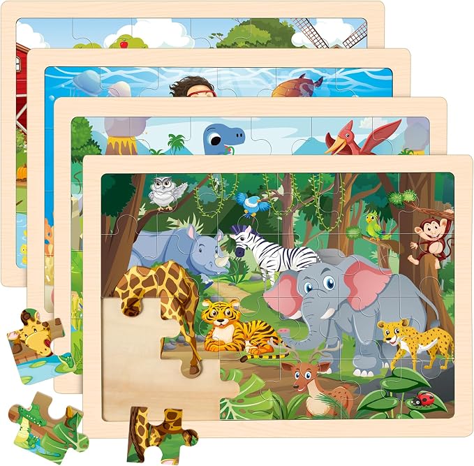 4-Pack Wooden Puzzles for Kids Ages 3-5, 24-Piece Animals Toddler Set | Toddler Puzzles Ages 3-5, Preschool Puzzles with Wooden Jigsaw Boards for Fine Motor Skills, Shape Recognition and Travel