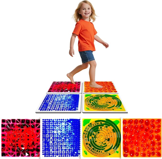 Sensory Floor Tiles for Toddlers 3+: 12" Textured Mats, 4 Pack | Starter Set with Liquid Flow and Tactile Patterns for Movement Games, Visual Tracking, Playrooms, and Classrooms