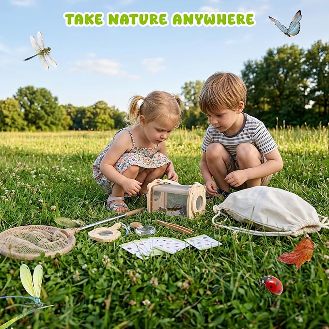 GAGAKU Wooden Bug Catcher Kit for Kids 4-8, 9PCS Outdoor Nature Exploration Set with Expandable Butterfly Net, Magnifying Glass, STEM Learning Game Cards, Educational Catching Toy for Backyard Camping