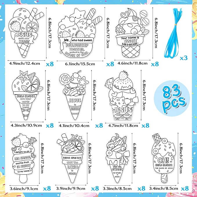 ANGOLIO Ice Cream Coloring Crafts Kits - 83Pcs Summer Ice Cream Coloring Paper Cards Hanging Ornaments Cute Dessert Jesus Religious DIY Art Painting Kit for Holiday Party Supplies Art Activities Decor