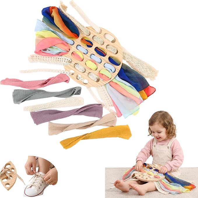Eray Montessori Wooden Lacing Board for Toddlers 3+, Open-Ended Weaving Board with Play Silks, Threading & Lacing Toy, Fine Motor Skills, Loose Parts Play, Preschool Learning Gift
