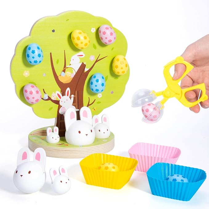 Easter Toys for Toddlers, Magnetic Easter Eggs, Picking Easter Bunny Toy, Montessori Toys for 3 4 5 6 Year Old, Wooden Sensory Color Sorting Toys, Spring Easter Basket Stuffers Gifts for Kids